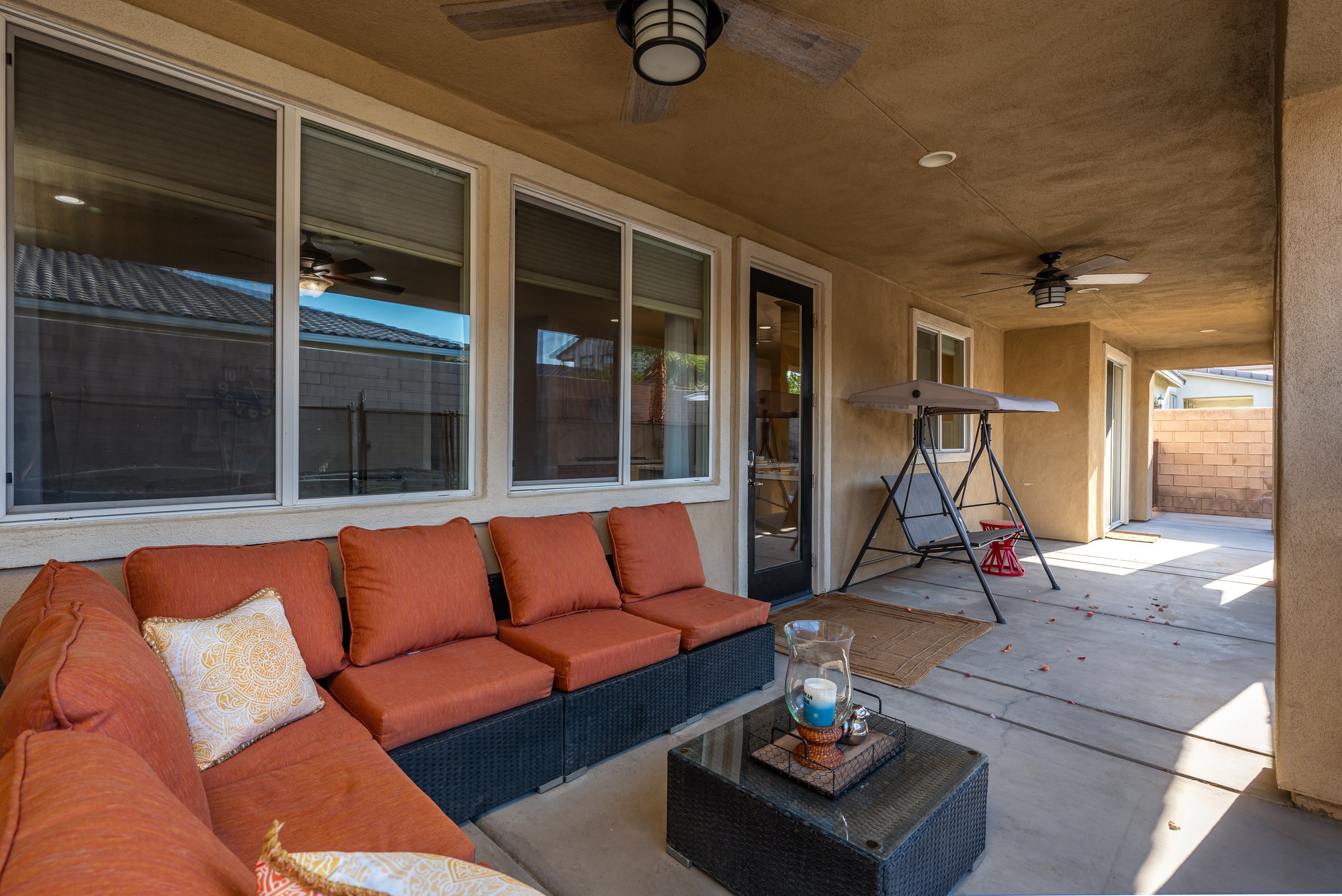 Shaded patio seating area